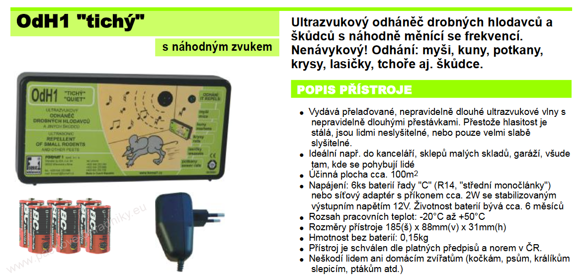 OdH1 tichý - ultrazvukový odpuzovač myší a kun + 6 ks baterií